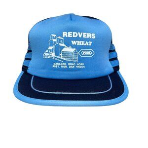 Vintage Trucker Hat Snap Back Mesh Sides 3 Stripes Blue Redvers Wheat Pool